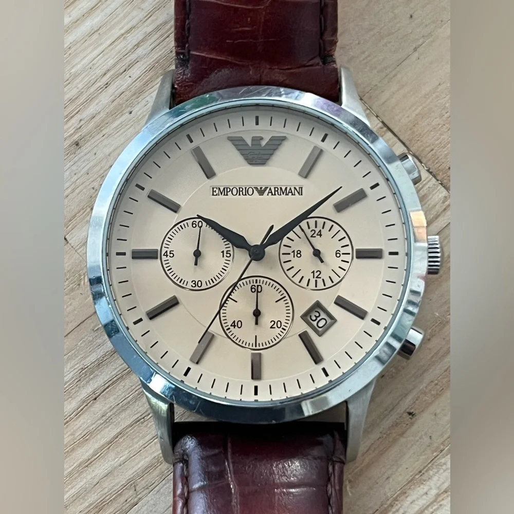 Emporio Armani Chronograph Rare Vintage Men’s Watch Cream Dial Leather Strap